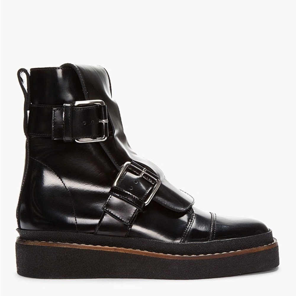 MARNI Black Leather Double Buckle Platform Combat Boots